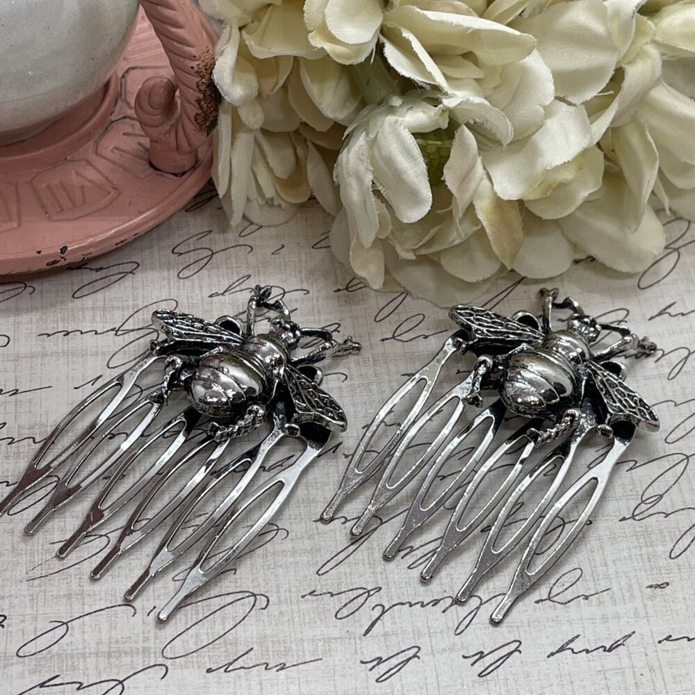 1 Pair Silver Long Bee Bridal Hairpin Bobby pin wedding hair festival Honey Comb - Picture 2 of 11